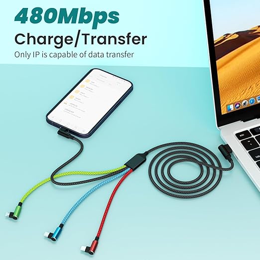 Travel Essentials 90 Degree Multi Charging Cable [2Pack 5FT], Right Angle 4 in 1 Charging Cable, USB Cable Charging Cords with IP/Type C/Type C/Micro Port, Compatible with Most Cell Phones and More