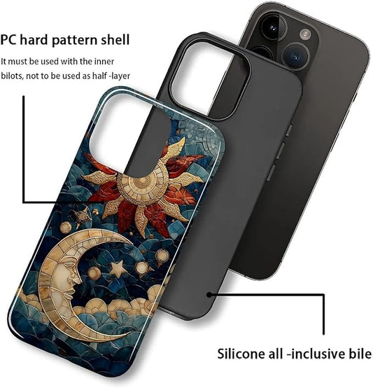 Case for iPhone 11 Pro Max Case,Sun Moon Stars Faux Stained Glass Design Hybrid Dual Protection Silicone + Hard PC Shockproof Full Body Cover,Slim Anti-Scratch Protective for Men Women