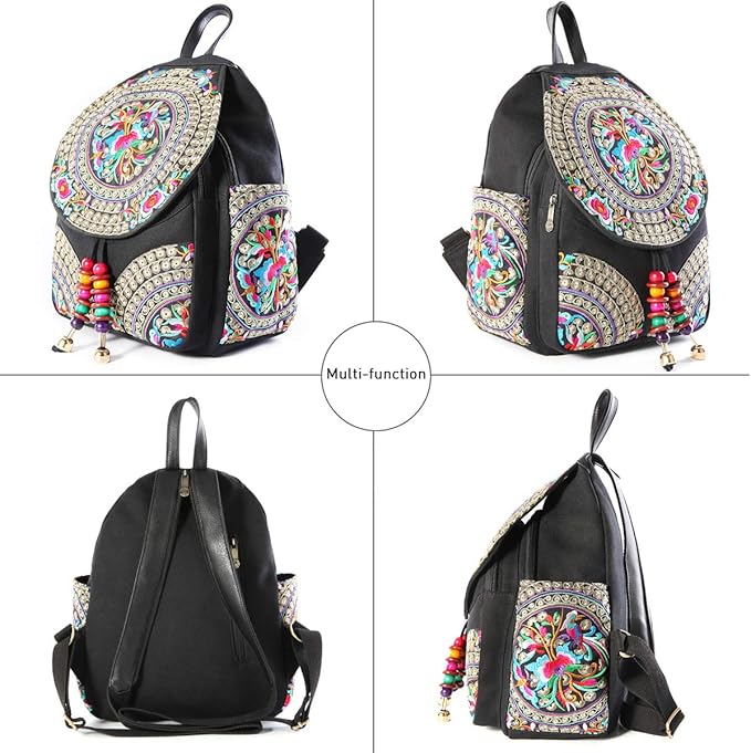 SILKAREA Vintage Embroidered Floral Ethnic Backpack Purse for Women Bohemian Handbag Shoulder Bag Travel Purse (Black S1)