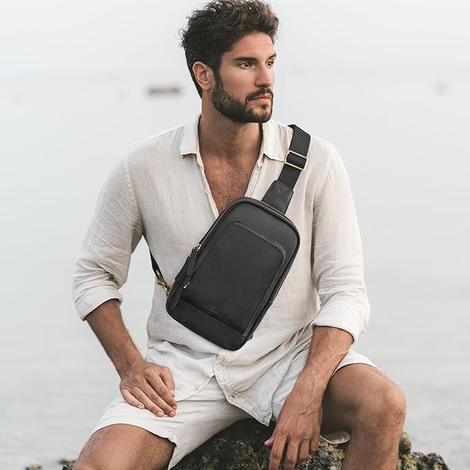 S-ZONE Sling Bag for Men Women RFID Blocking Top Grain Leather Crossbody Shoulder Bag Chest Hiking Daypack Travel