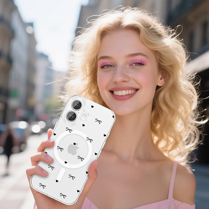 ZTOFERA for iPhone 16 Magnetic Case Clear,Cute Love Heart Ribbon Bow Tie Aesthetic Phone Case,Transparent Trendy Slim Soft Shockproof Protective Phone Cover for Women Girls,Black