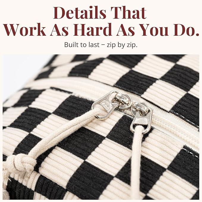 Insulated Black Checkered Lunch Bag for Women, Stylish Corduroy Tote with Aluminum Lining, Large Capacity Reusable Cooler for Work, Travel, or Beach, Beige Cream Water-Resistant Lunch Box