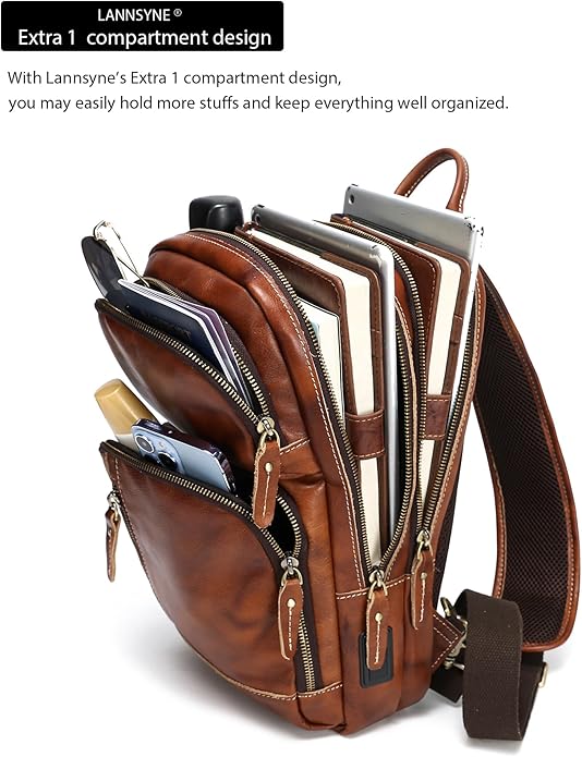 LANNSYNE Full Grain Leather Sling Bag For Men Crossbody Chest Daypack fits 10.5" iPad