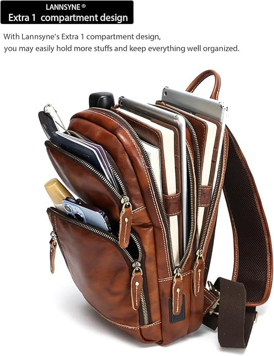 LANNSYNE Full Grain Leather Sling Bag For Men Crossbody Chest Daypack fits 10.5" iPad