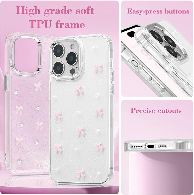 EYZUTAK Case for iPhone 14 Pro Max, Bling Glitter 3D Bowknot Phone Case Cute Sparkly Crystal Clear Bow Aesthetic Design Case Slim Soft Durable TPU Transparent Protective Cover for Women Girl-Pink Bow