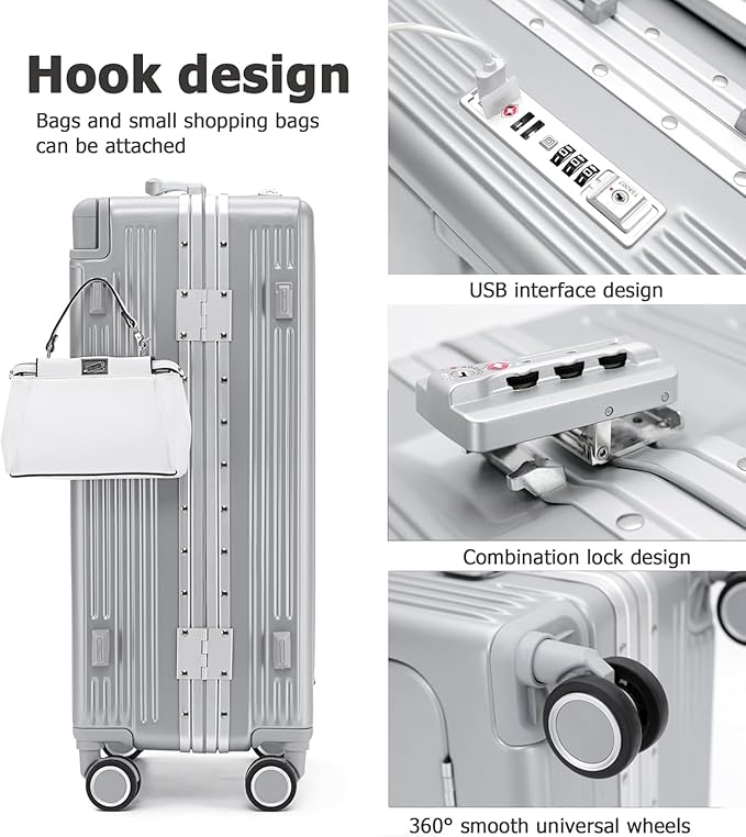 feilario 20" Aluminium Frame Hardside PC Carry on Luggage - Wide Handle Double Spinner Wheels Suitcase with TSA lock