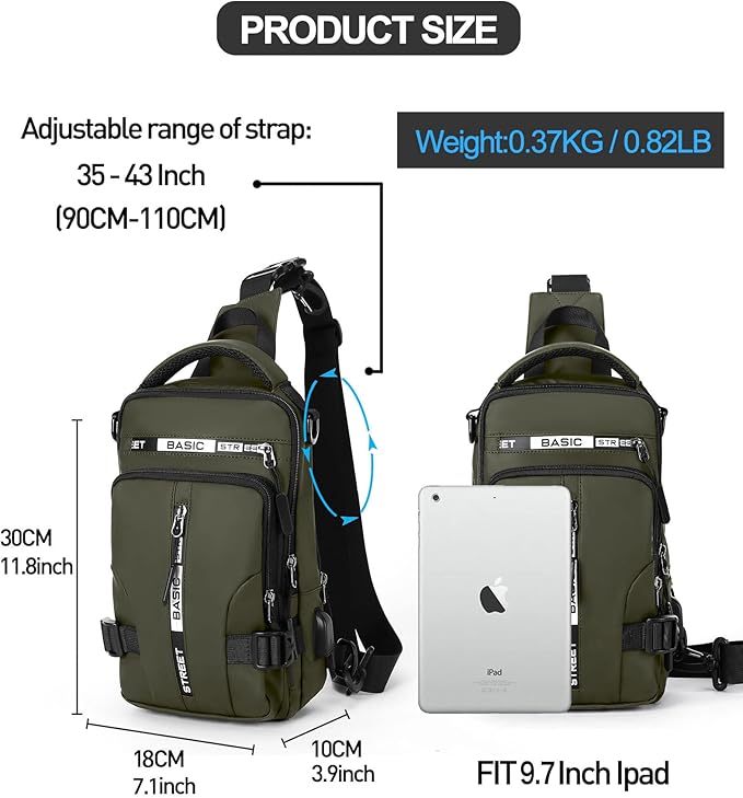 Small Sling Crossbody Backpack Shoulder Bag for Men, Lightweight One Strap Backpack Sling BacK pack for Hiking Walking Biking Travel Cycling USB Charger Port-Nylon (Olive Green)