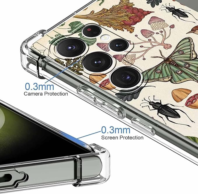 Case for Samsung Galaxy S23 Ultra with Botanical Art Design,Aesthetic Vintage Cottagecore Mushroom Moth Pattern,Trendy Soft TPU Bumper Phone Cover,6.8"(Moth,S23U)