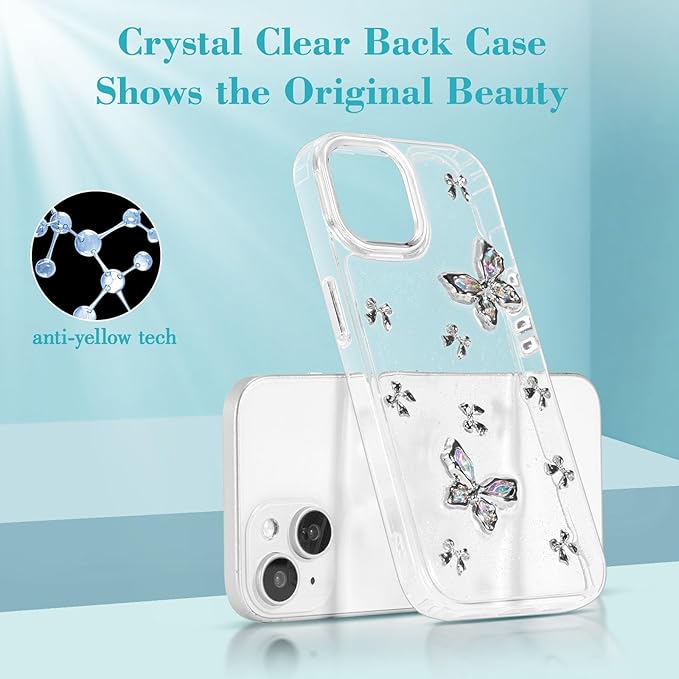 EYZUTAK Case for iPhone 15, Bling Glitter 3D Butterflies Bowknot Phone Case Cute Crystal Clear Bow Aesthetic Case Slim Soft Durable TPU Transparent Protective Cover for Women Girls - Butterfly