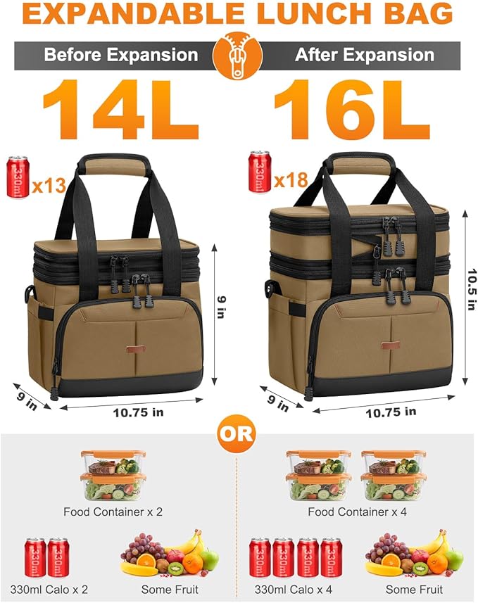 Lunch Box for Men Women Double Deck Insulated Lunch Bag for Men Woman Leakproof Expandable Cooler Bag with Adjustable Shoulder Strap for Work Picnic School(Khaki,16L)