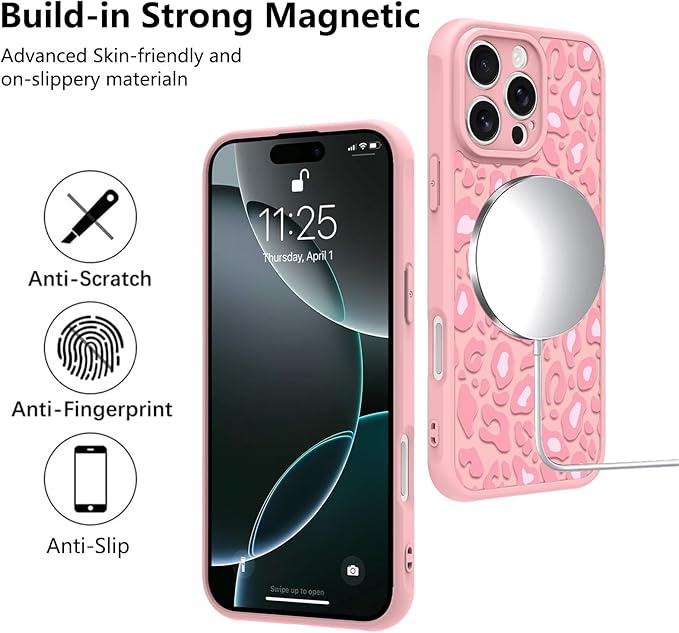 KANGHAR Case for iPhone 16 Pro Max Pink Leopard Printed Pattern Cute Cheetah [Compatible with Magsafe] Protective Magnetic Case for Girls Women 6.9"