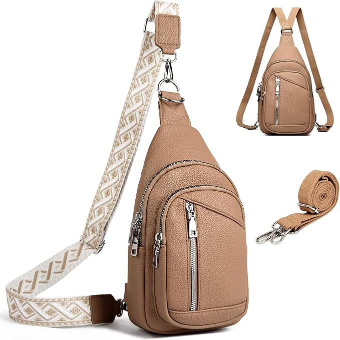 Sling Bag Crossbody Backpack - 2 in 1 Leather Cross Body Bag Fanny Pack with 2 Removable Straps