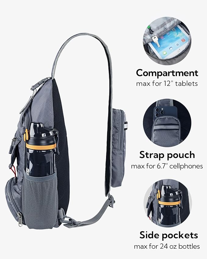 WATERFLY Packable Small Crossbody Sling Backpack Shoulder Chest Bag Daypack for Hiking Traveling Grey