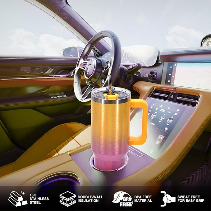 30 oz Shiny Tumbler with Handle and Straw,Stainless Steel Tumbler with Lid and Straw,Insulated Travel Mug(Cold for 34 Hours),Water Bottle for Iced Tea,Coffee (Yellow)