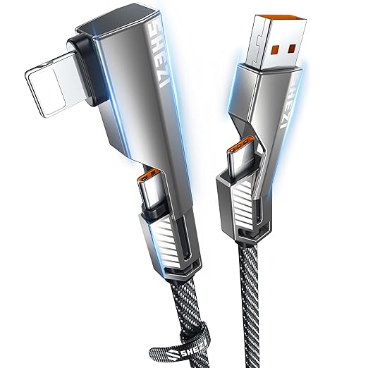 SHEZI 4-in-1 USB C Cable 3FT Compatible with Lightning Cable 90 Degree, [Fast Charging&Data Transfer] Flat Nylon Braided Charger Cord Combo, USB A/C to C/L Multi Charge Cable for iPhone/iPad