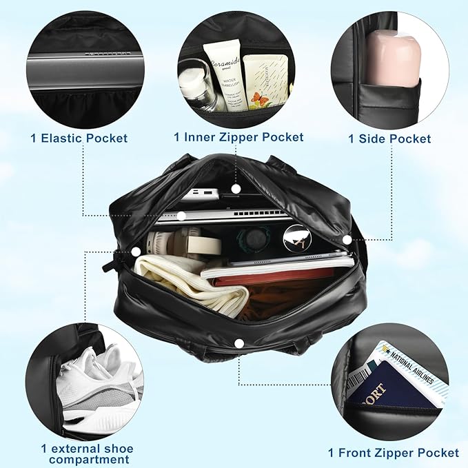 Felipe Varela Puffer Travel Duffle Bag, Gym Bag for Women with Shoe Compartment, Lightweight Tote Weekender Overnight Carry on Duffel Bags for Travel, Airplanes (Black,19L)