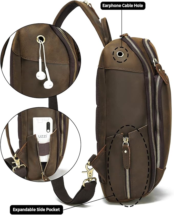 Vintage Full Grain Genuine Leather Sling Bag Crossbody Chest Shoulder Backpack Daypack Travel Hiking for 13.3 Inch Laptop - Brown