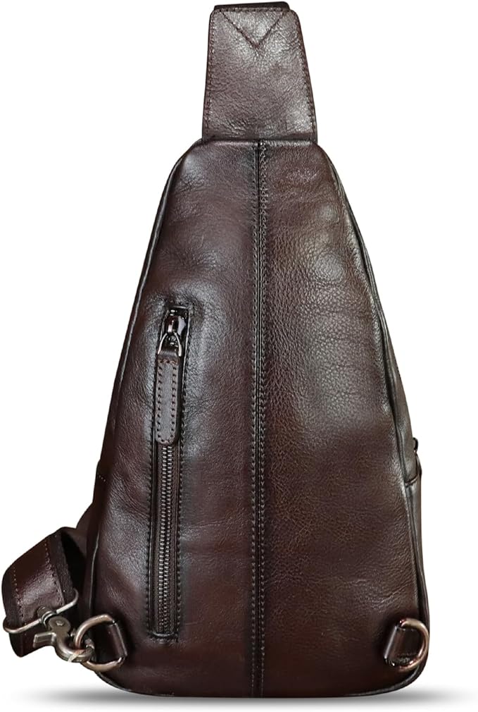 Genuine Leather Sling Bag Embossed Crocodile Pattern Leather Crossbody Sling Backpack Handmade Chest Purse Daypack (Coffee)