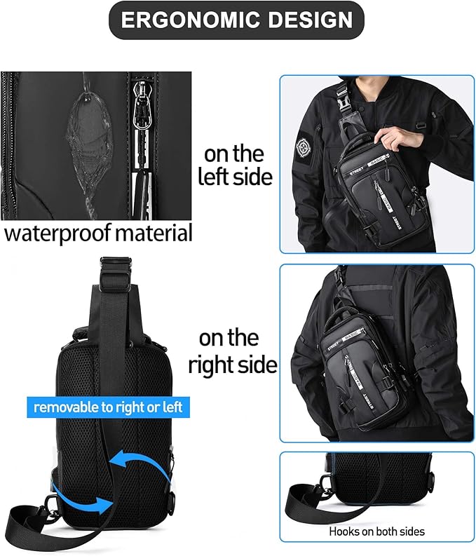 Large Black Sling Bag for Men, Shoulder Messenger Bag for Mens, Anti Theft One Strap Motorcycle Backpack Sling Chest Bag for Casual Hiking Walking Biking Travel Cycling Outdoor Sports