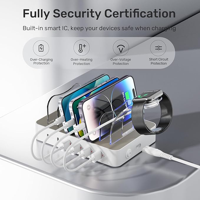 Unitek Multi USB Charging Station - 6 Port USB C Charging Dock with 2 PD 20W, Multiple Devices Charging Station Organizer for iPad, iPhone, iWatch, Samsung, Tablets and More