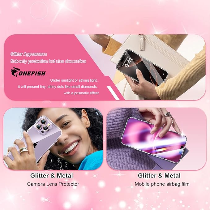 OneFish Screen Protector for Iphone 15 Pro with Camera Lens Protector, Diamond Bling Full Edge Coverage, HD Clarity Tempered Glass Film with Installation Frame, 9H Glass Scratch Resistant