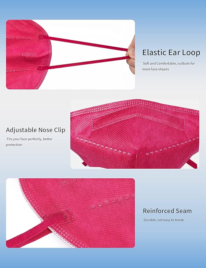HUHETA KN95 Face Mask 60 PCs, 5-Ply Safety Masks for Men and Women, Filter Efficiency Over 95% (Red Mask)