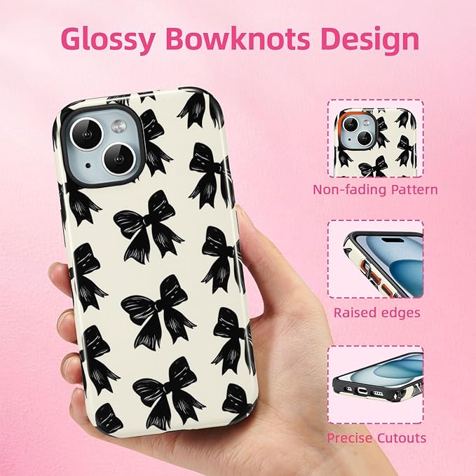 QLTYPRI Case for iPhone 15, Aesthetic Black Ribbon Bow Phone Case for Girls Women, Protective Hybrid 2-Layer Hard Shell Silicone Cover Durable Shockproof Phone Cover - Beige