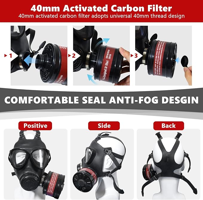 Full Face Respirator Reusable Gas Mask, Survival Nuclear and Chemical Gas Masks with 40mm Activated Carbon Filter in Vapor, Chemical, Gas, Paint Spary, Woodworking and Other Work Protection