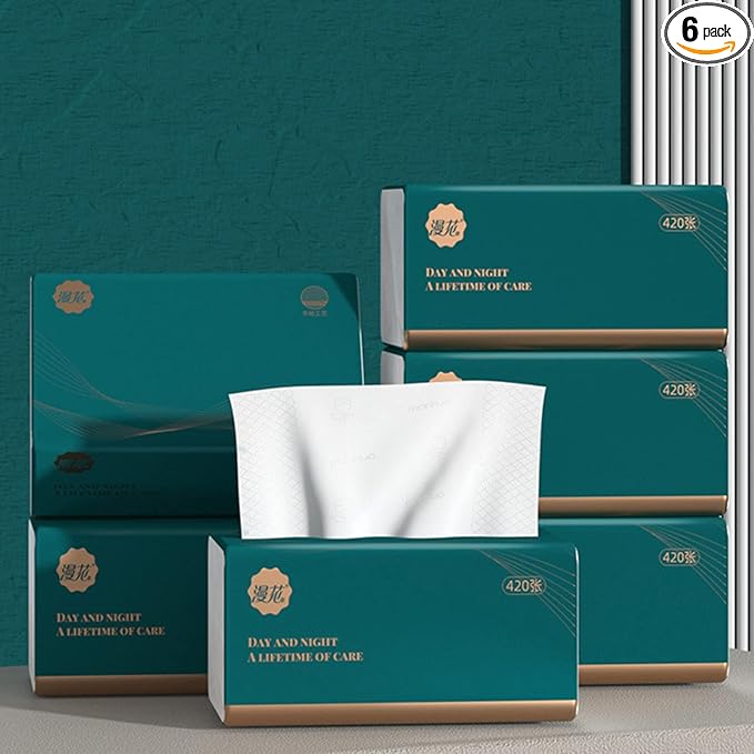 6 Packs Disposable Soft Facial Tissue, Small Napkin, Toilet Paper -Bag Cover NOT Box, Material Native Wood Pulp Fiber NOT COTTON, White Facial Paper Tissue, 4-Ply, 420 Sheets per Pack