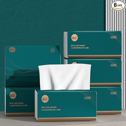 6 Packs Disposable Soft Facial Tissue, Small Napkin, Toilet Paper -Bag Cover NOT Box, Material Native Wood Pulp Fiber NOT COTTON, White Facial Paper Tissue, 4-Ply, 420 Sheets per Pack