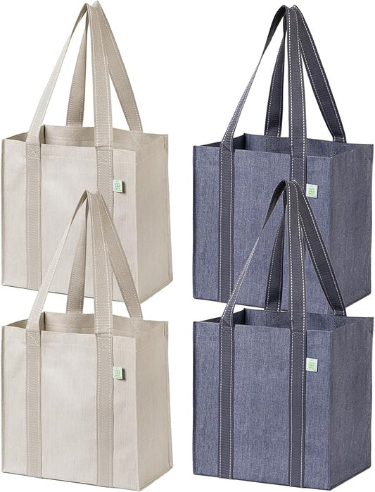VENO 2-4 Pack Reusable Grocery shopping Bags, Small Tote Bag w/Handle Hard Bottom, Heavy Duty, Foldable Carrier