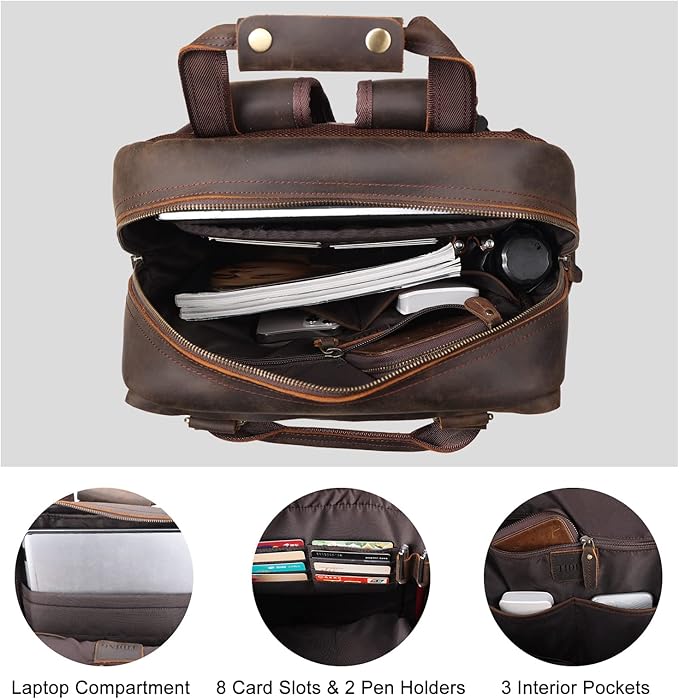 TIDING Genuine Leather 15.6 inch Laptop Backpack for Men College Casual Rucksack Backpack Business Travel Daypack