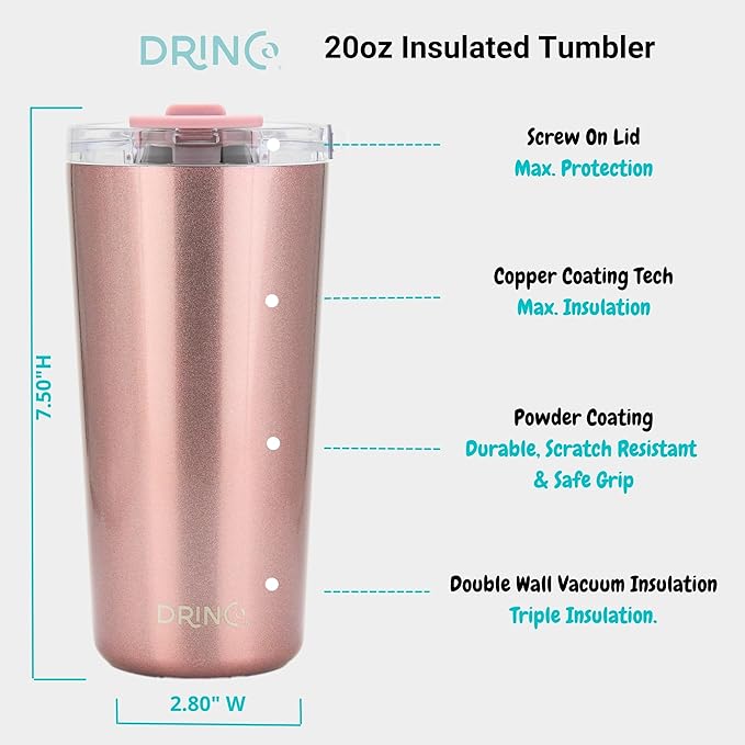 Drinco - 20 oz Stainless Steel Tumbler | Double Walled Vacuum Insulated Mug With Lid, 2 Straws, For Hot & Cold Drinks (20oz Bling Rose Gold, 20oz)