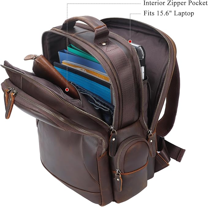 TIDING Vintage Full Grain Leather 15.6 Inch Laptop Backpack for Men Large Capacity Travel Rucksack Weekender Camping Daypacks
