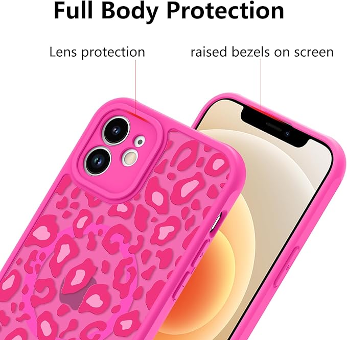 KANGHAR Case for iPhone 12 Hot Pink Leopard Printed Pattern Cute Cheetah [Compatible with Magsafe] Protective Magnetic Case for Girls Women 6.1"