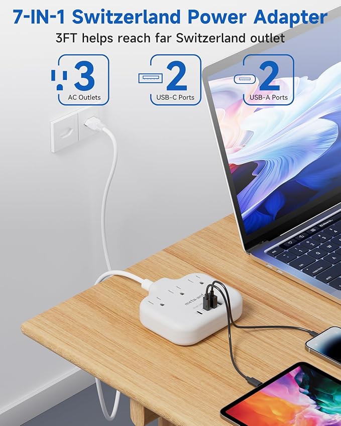 Switzerland Travel Plug Adapter with 5FT Extension Cord, meta-ant Type J Adapter with 3 Outlets 4 USB Ports(2 USB-C), Switzerland Power Adapter for US to Swiss Switzerland Liechtenstein Rwanda