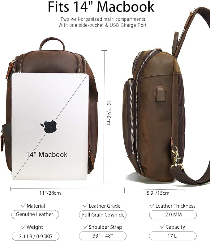 Vintage Full Grain Genuine Leather Sling Bag Crossbody Chest Shoulder Backpack Daypack Travel Hiking for 13.3 Inch Laptop - Brown