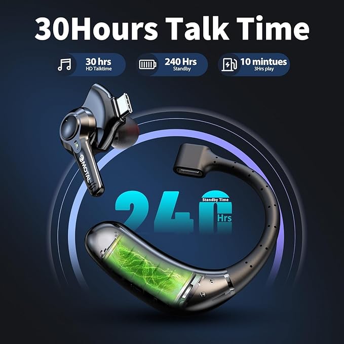 Dual-Mic AI Noise Cancelling Bluetooth Headset for Cell Phones, 10 Days Standby 30Hrs HD Talktime Bluetooth Earpiece IPX6 Waterproof Ultralight for Driving/Truckers/Business, Black