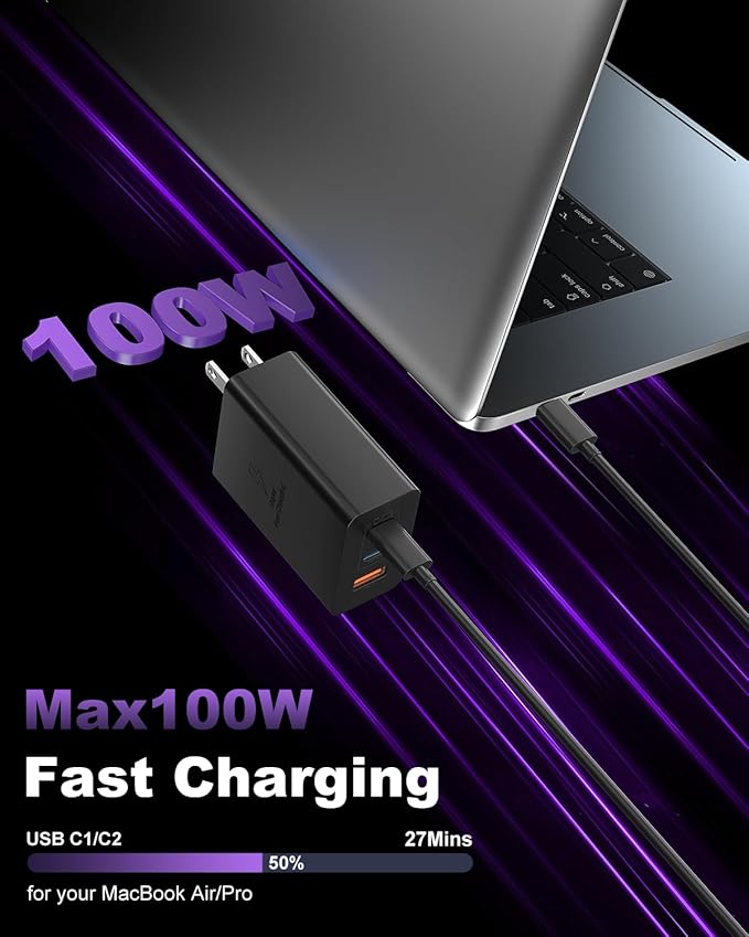 USB C Charger Block 100W, 3-Port GaN Super Fast Charger, Type C Wall Charger Adapter with 10ft USB C Charging Cable for MacBook Pro/Air,iPad Pro, iPhone 16/15Pro, Galaxy S24/S23 and More[2 Pack]-Black