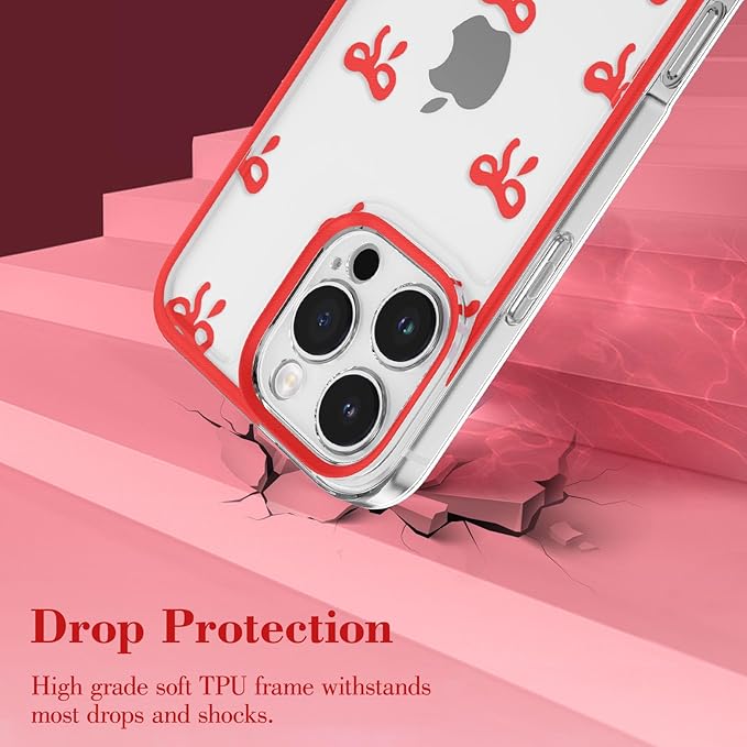 EYZUTAK Case for iPhone 16 Pro, Clear Cute Ribbon Bowknot Pattern Aesthetic Transparent Phone Case Raised Camera Protection Stylish Slim Soft Durable TPU Protective Cover for Women Girls - Red