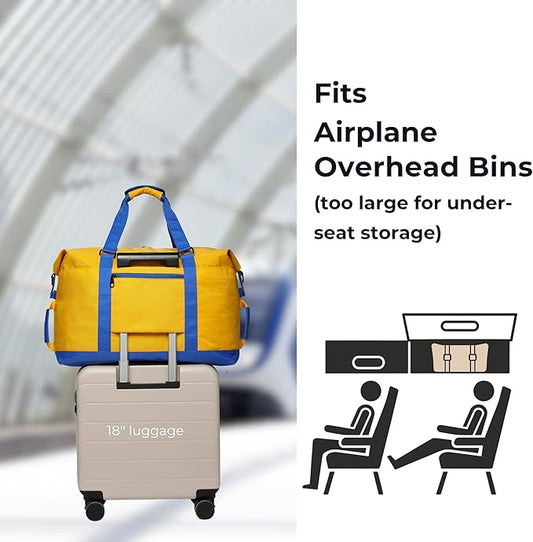 SUNNY BIRD Duffel with Utility Pouch, 40L Weekender Overnight Bag with Shoe Compartment for Travel and Sports (Yellow and blue)