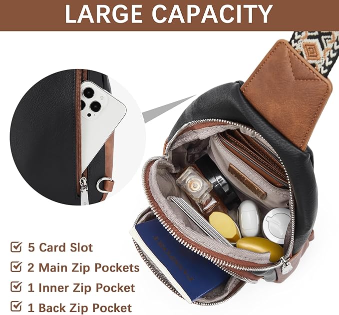 BOSTANTEN Sling Bag for Women Leather Crossbody Bag Vintage Cross Body Purse for Travel with Guitar Strap, Bohemian Style