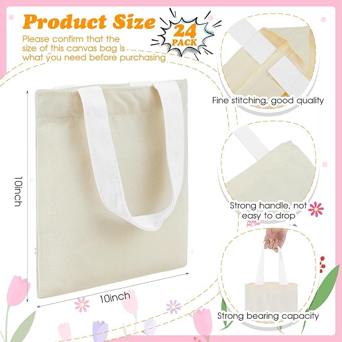 Amylove 24 Pcs Mini Tote Bag Sublimation Blank Canvas Tote Bags Reusable Grocery Luggage DIY Sack Goody for Party Even (10 x 10 Inch,Natural with White Handle)