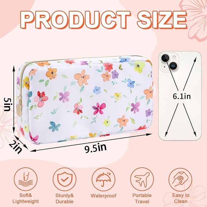 Waterproof Small Floral Makeup Bag Pouch for Purse,Nylon Flower Cosmetic Bag Preppy Travel Toiletry Storage Bag for Women Girl,Cute Makeup Organizer Bag Pouch with Zipper(Small Colorful-Flowers)