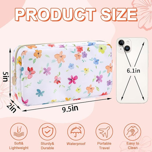 Waterproof Small Floral Makeup Bag Pouch for Purse,Nylon Flower Cosmetic Bag Preppy Travel Toiletry Storage Bag for Women Girl,Cute Makeup Organizer Bag Pouch with Zipper(Small Colorful-Flowers)