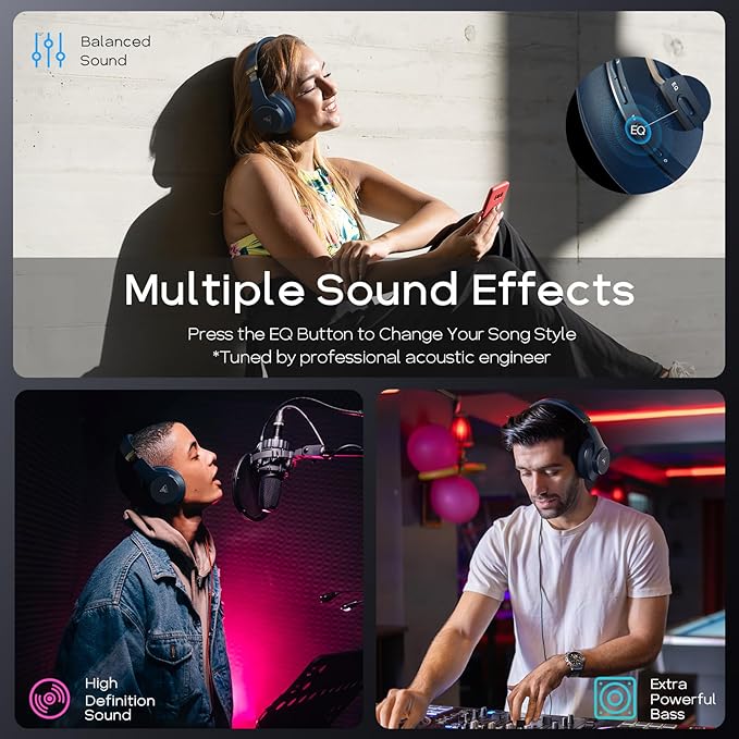 DOQAUS Bluetooth Headphones Over Ear Wireless Headphone, 90H Playtime and 3EQ Modes with Mic, HiFi Stereo Sound, Deep Bass, Memory Foam Cups, for Phone PC Travel Home Office