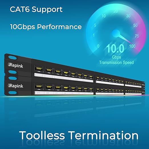 Rapink 48 Port Cat6 Patch Panel with Inline Keystone 10G Support, Pass-Thru Coupler UTP 19-Inch, Removable Back Bar, 1U Network for Cat6, Cat5e, Cat5 Cabling