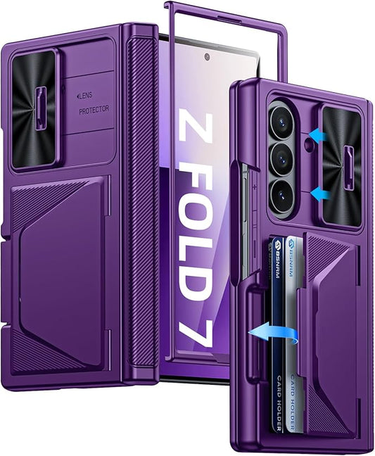 for Samsung Galaxy Z Fold 7 Case with Card Holder RFID Blocking, Built in Slide Lens Cover & Hinge Protection & Screen Protector, Shockproof Wallet Case for Z Fold 7 (Purple)