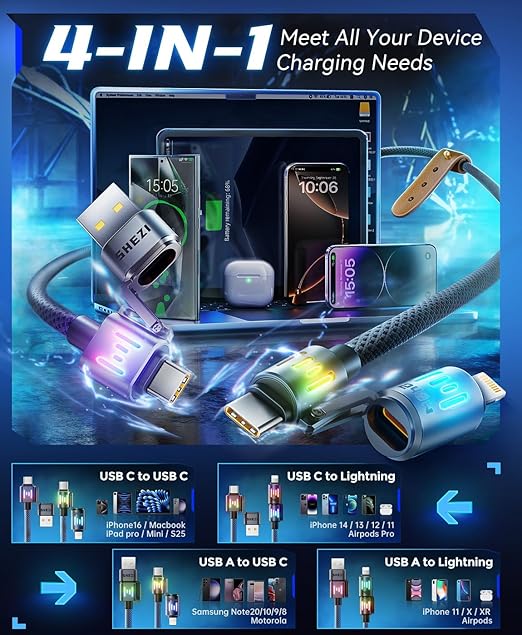 SHEZI 4-in-1 USB C Cable [240W Fast Charging & Data Transfer] Nylon iPhone Charger Cord with Light, Multi Charge Cables Combo with L/Type C/USB A Port for iPhone/iPad/Samsung, 5FT