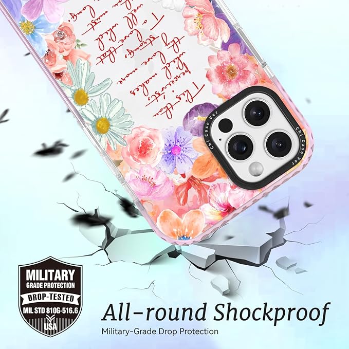 for iPhone 15 Pro Case, Romantic Floral Pattern with Poetic Quote, Military-Grade Drop Protection, Cute Soft Slim TPU Protective Cover with Camera Protection for Women & Girls